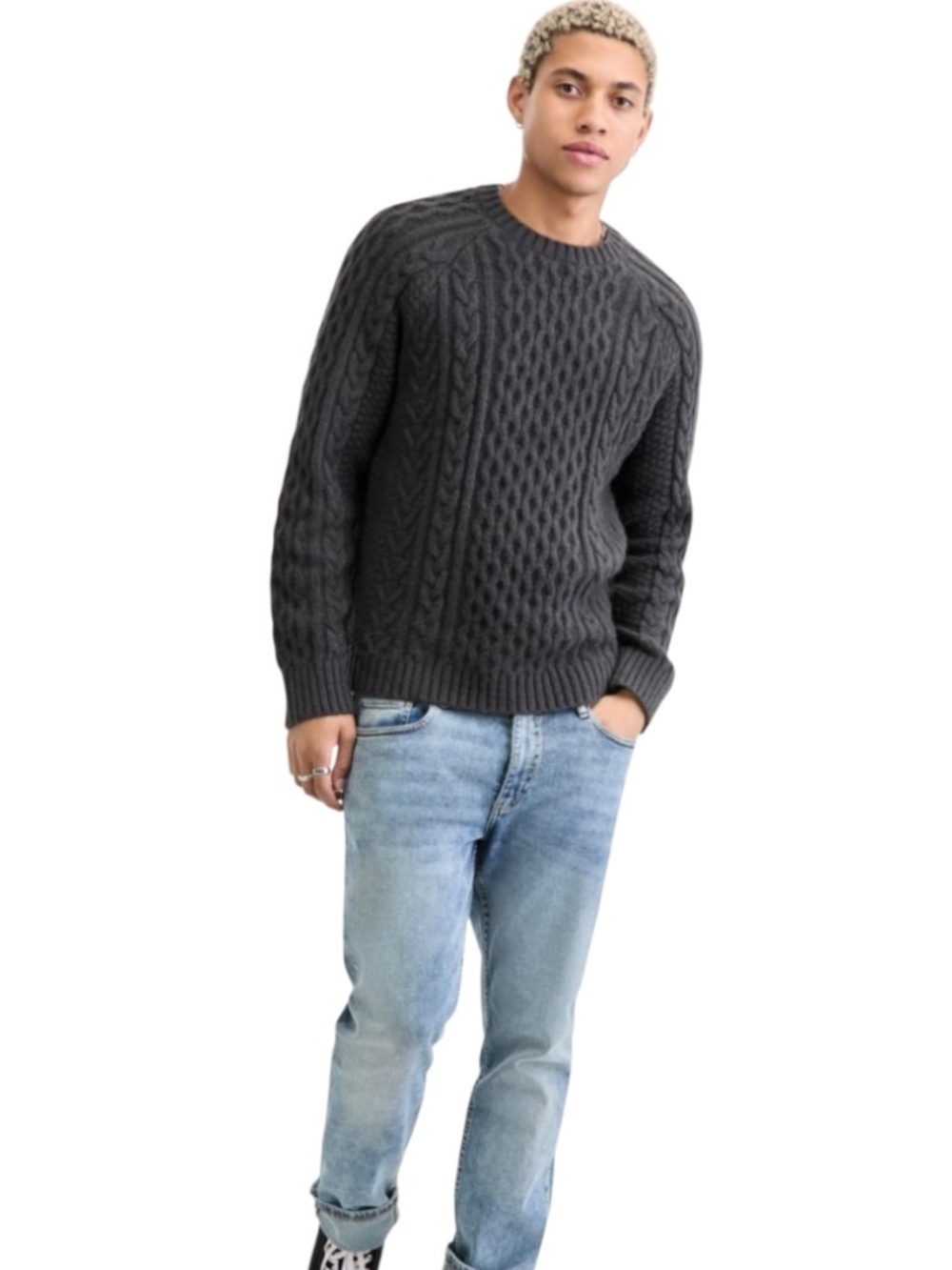 Sun + Stone Men's Cozy Cable-Knit Crewneck Sweater, Black Shadow M - NWT